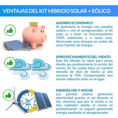 Comprar Kit híbrido solar + eólico 1000W con baterías de Litio