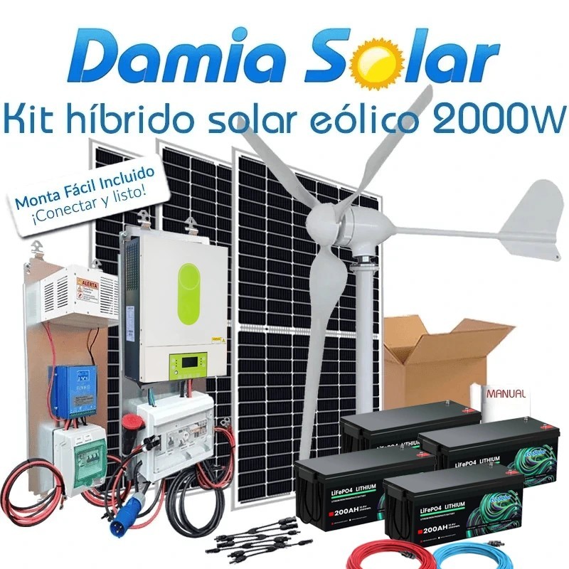 Comprar Kit híbrido solar + eólico 2000W con baterías de Litio