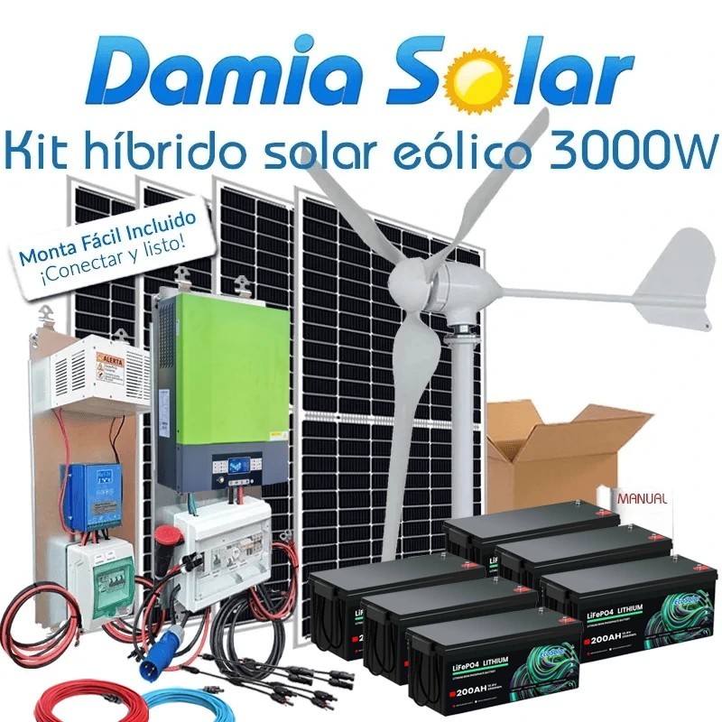 Comprar Kit híbrido solar + eólico 3000W com baterías de Lítio