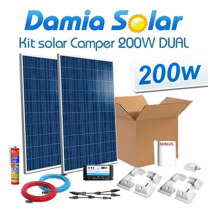 Kit solar completo caravana 200W con regulador carga 2 baterías | Damia Solar