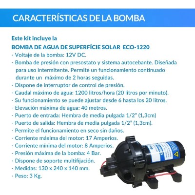 Kit de bombeo Ecosolar 1220 12V - Caudal máx. 1200 litros/h | Damia Solar